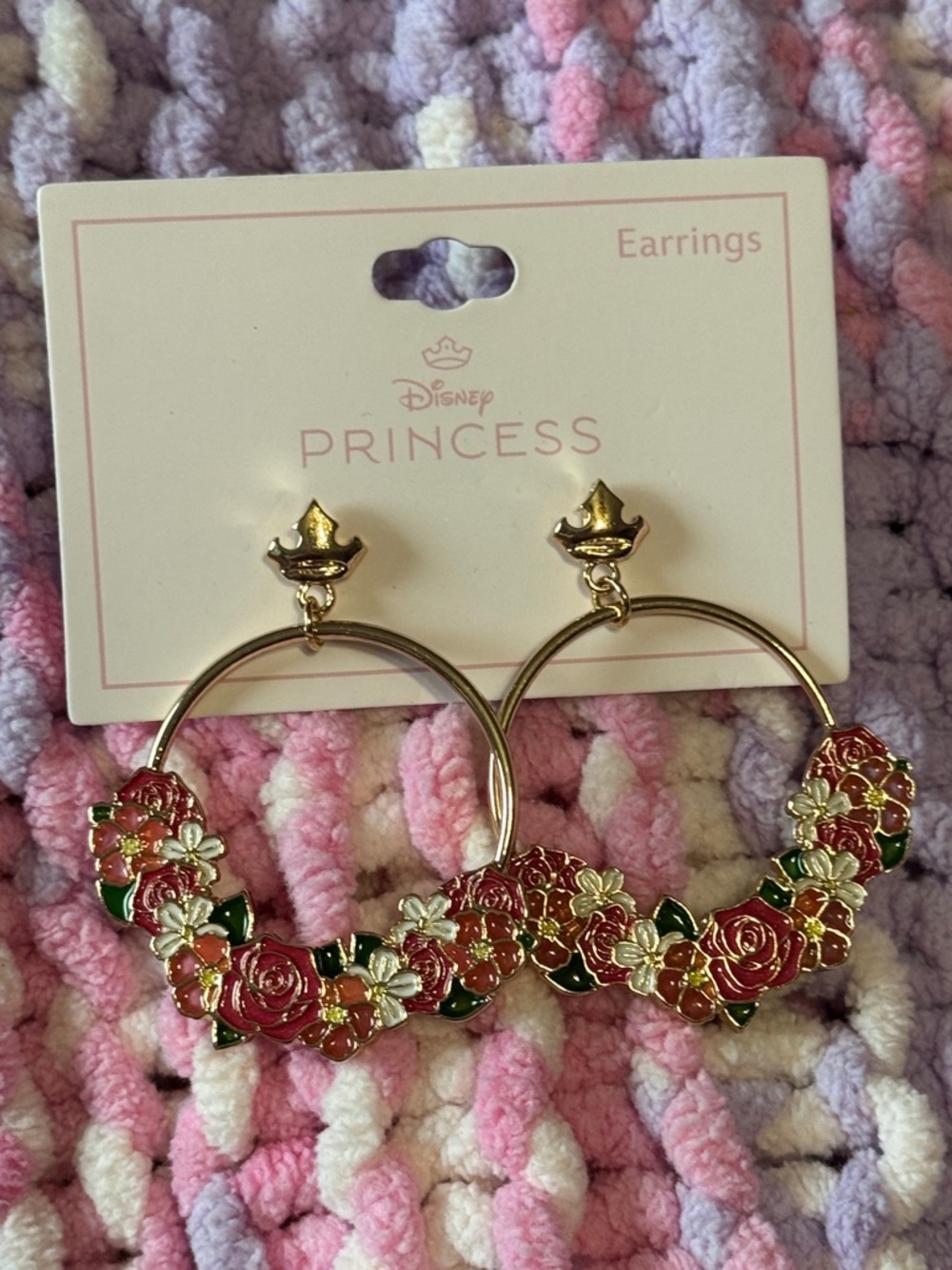 Disney Gold Hoop Earrings with Red Rose and Green Leaf Accents
